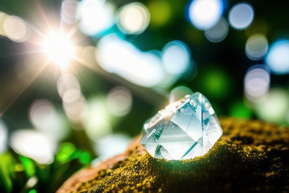 Clear quartz crystal surrounded by greenery