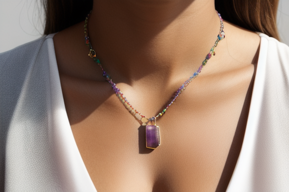 Person wearing fluorite rainbow necklace