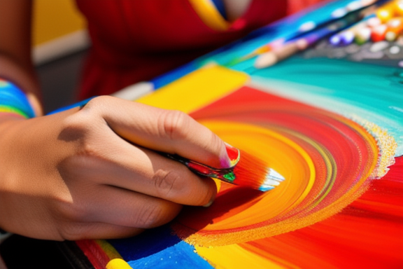 Artista segurando uma peça de Cornalina enquanto pinta uma obra de arte vibrante e colorida.