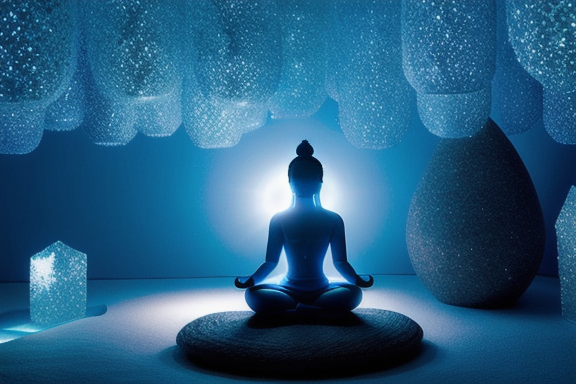 Person meditating surrounded by blue light